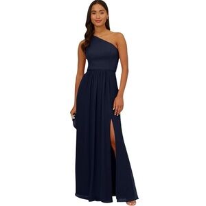 ADRIANNA PAPELL MIDNIGHT BLUE ONE SHOULDER CREPE CHIFFON HIGH SLIT GOWN DRESS